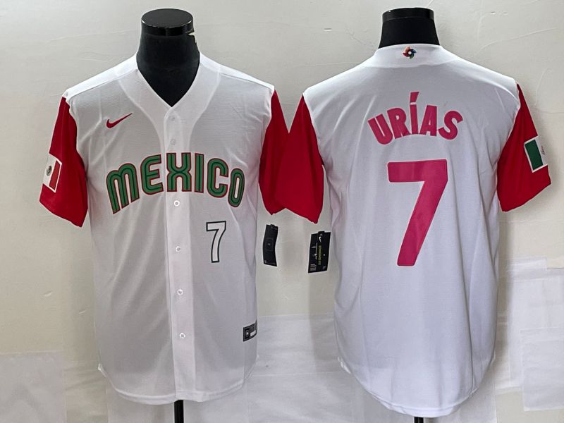Men 2023 World Cub Mexico 7 Urias White pink Nike MLB Jersey18